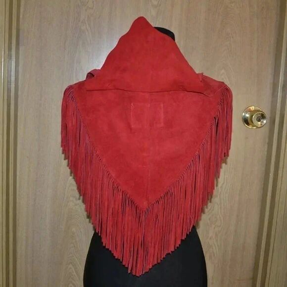 Vintage Pioneer Wear Red Genuine Leather Fringe Bib Shawl Made in USA Cowboy - Picture 3 of 11